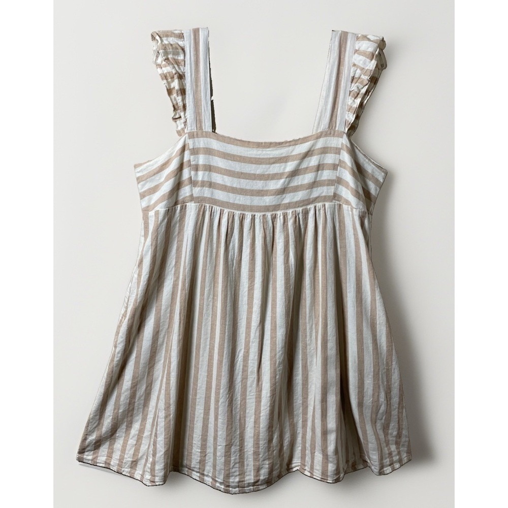 Draper James Striped Dress Women XL‎ Tan Ivory Ruffle Linen Cotton Mini Pockets